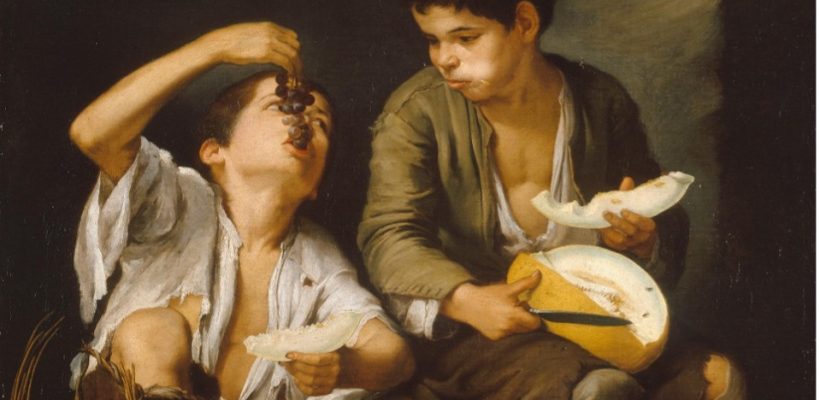 Niños comiendo uvas y melón. Hacia 1650. óleo sobre lienzo.  Bartolomé Estebán Murillo. Alte Pinakothech, Munich.